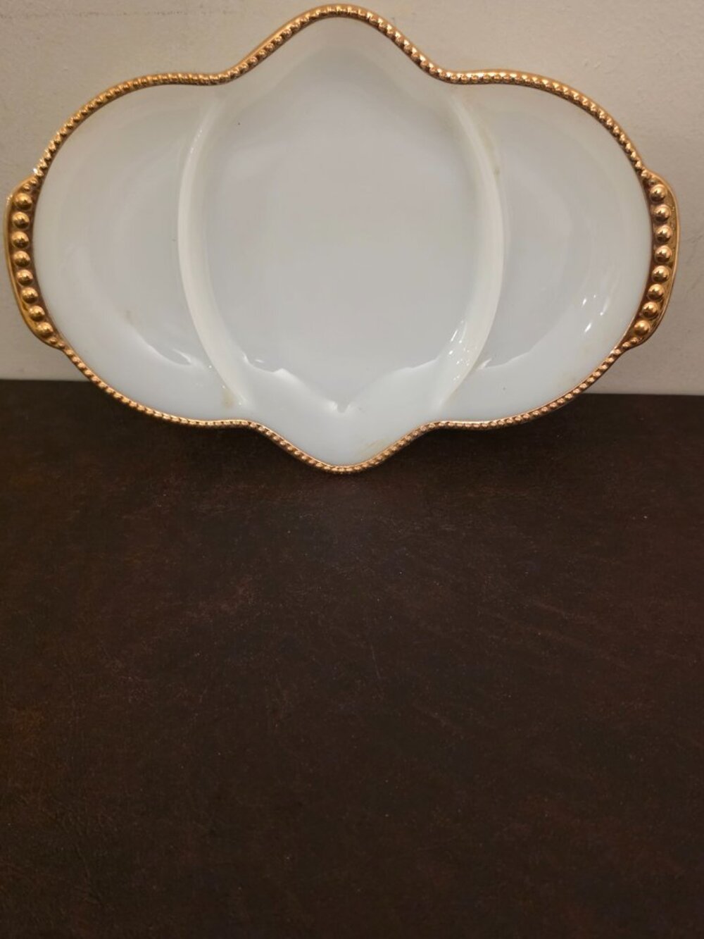 The Anchor Hocking Fire King Milk Glass 3 Divided Dish with 22k Gold Bead Trim